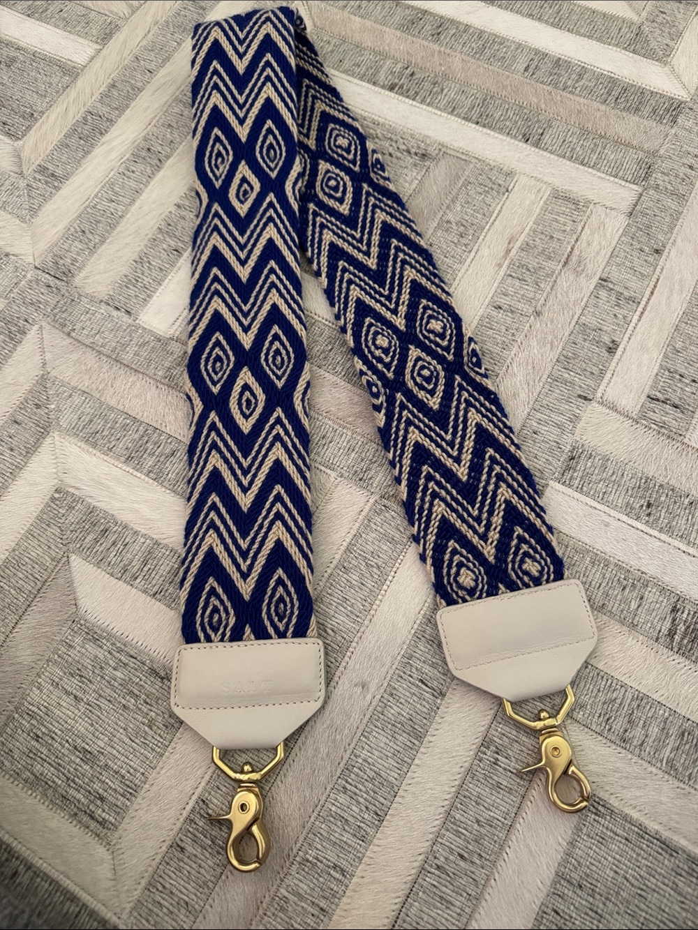 SALT strap, solid brass hooks, blue and white woven geometric pattern